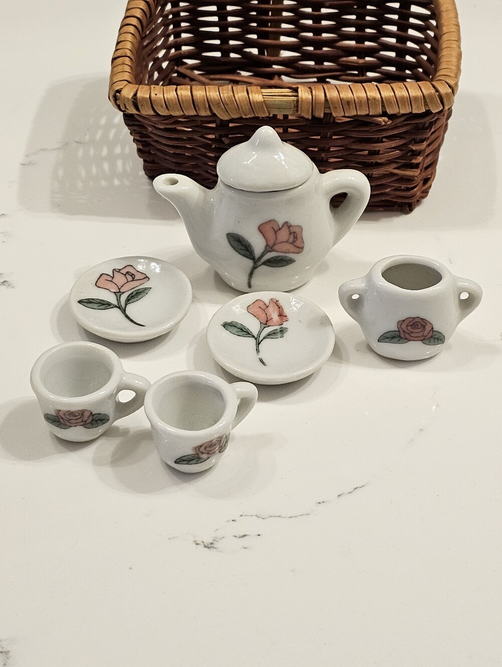 Vintage Miniature Ceramic Tea Set with Pink Rose Design